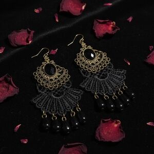Vintage Inspired Gothic Chandelier Earrings Black Lace Antique Bronze Filigree